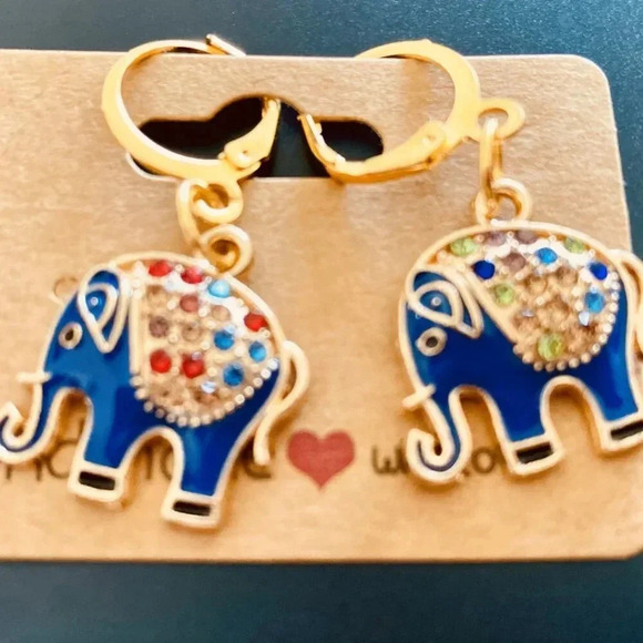 Cute and Colorful Sparkly Blue elephant Rhinestone Women's Fashion earrings set - Picture 2 of 3